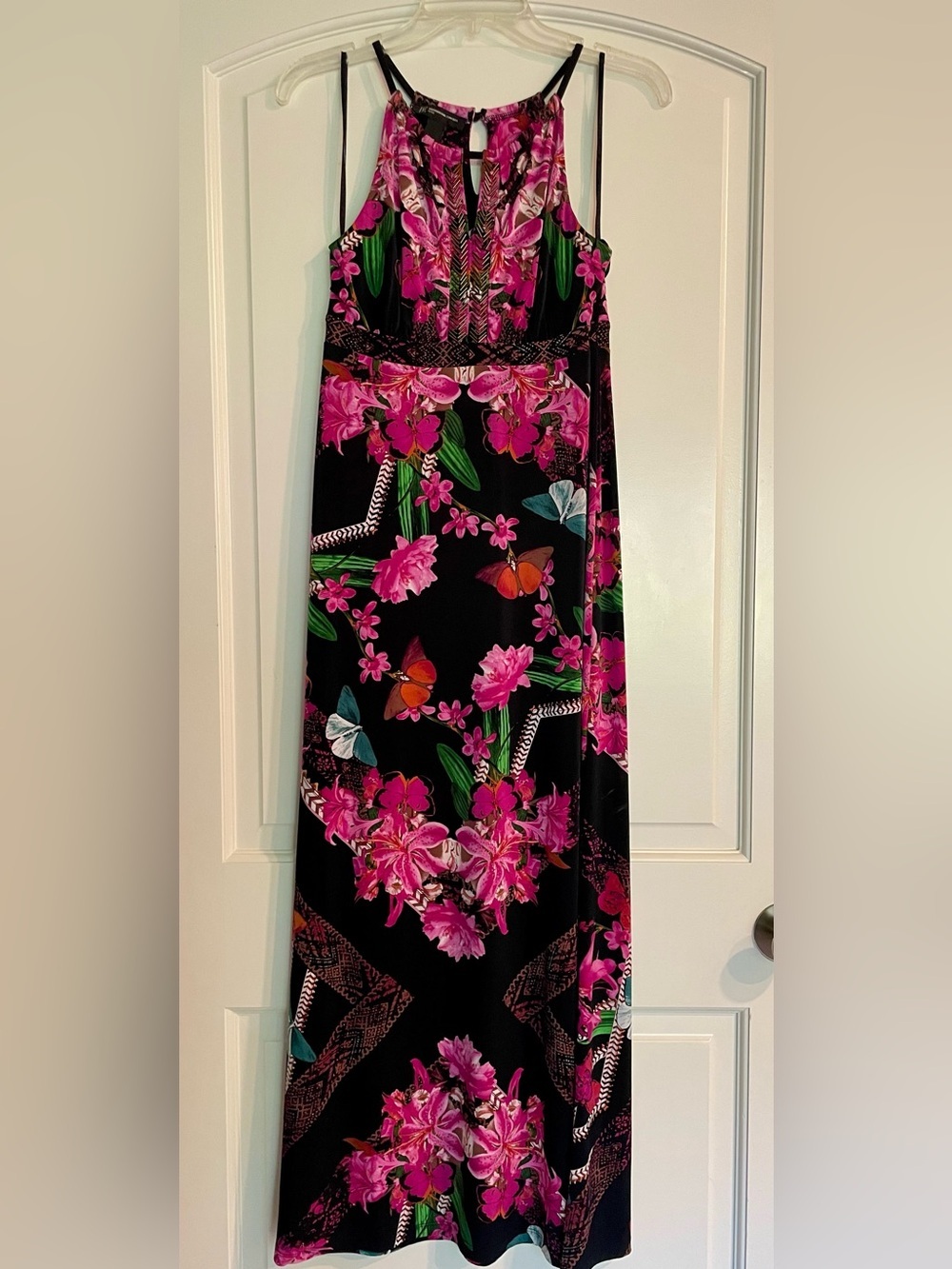 INC International Concepts Petite P/S Black Pink Floral Butterfly Maxi Dress